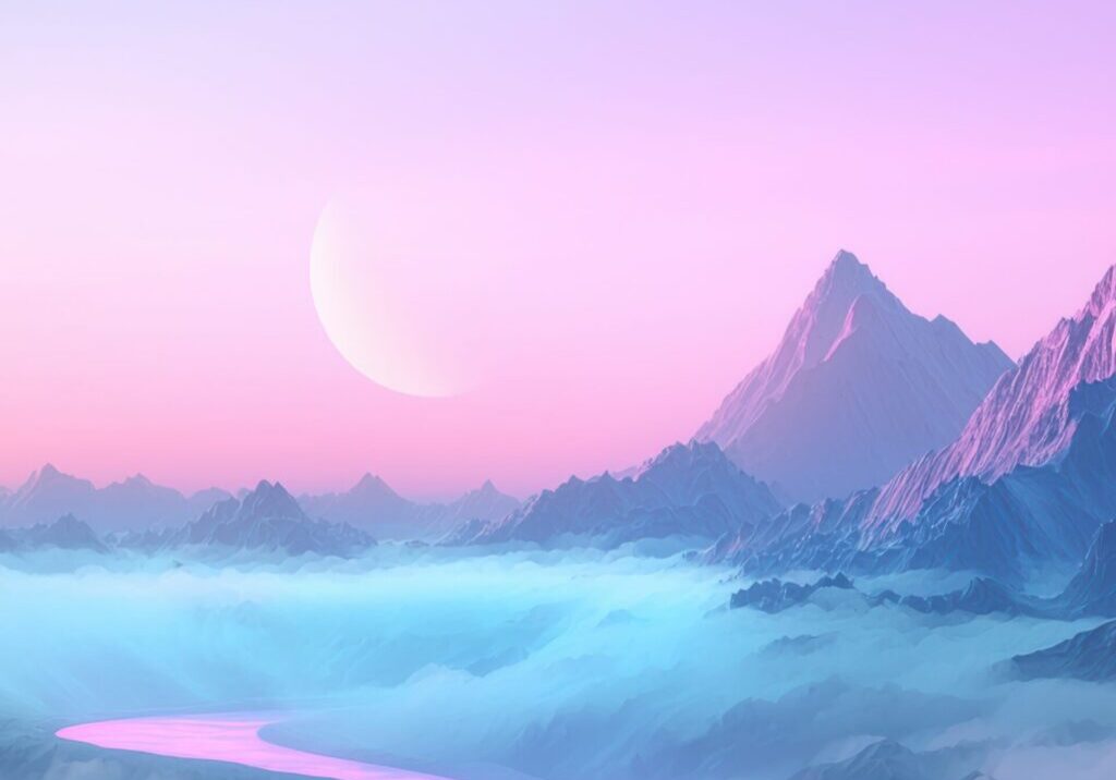 A serene alien landscape with mountains, river, and pastel sky