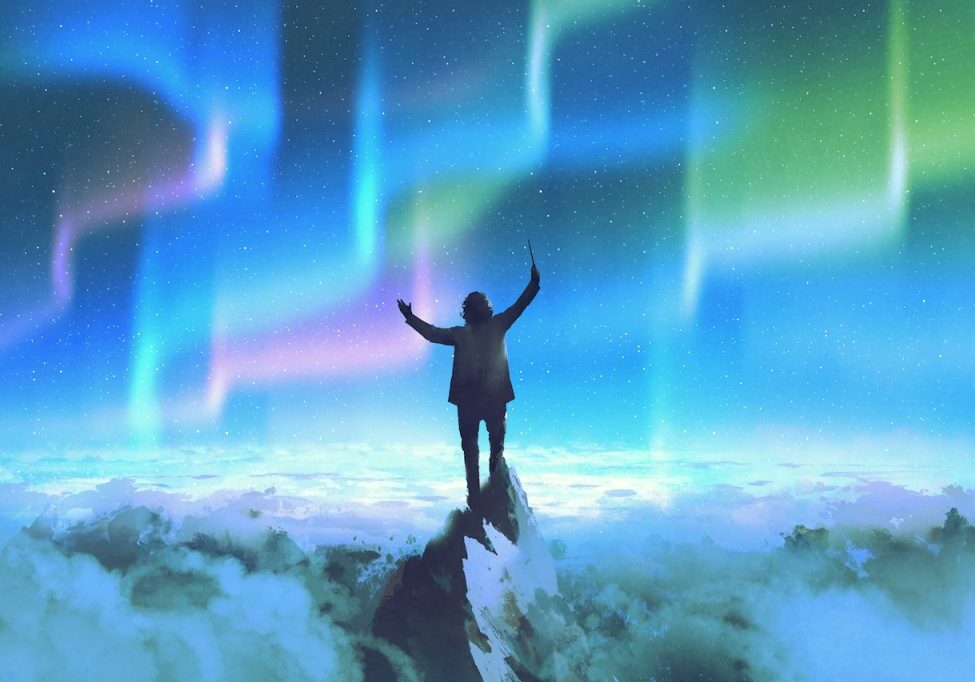 the conductor holding baton standing on top of a mountain against night sky with Northern Lights,illustration painting