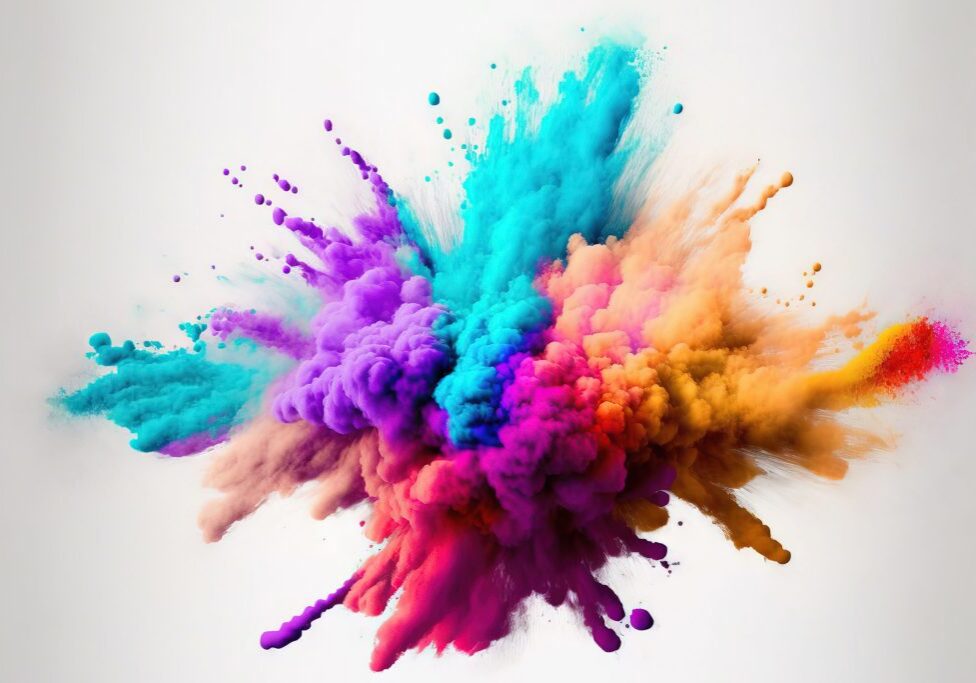 eruption of colored powder against a white background. abstract close up of background with dust. vibrant explodes Holi paints. Generative AI