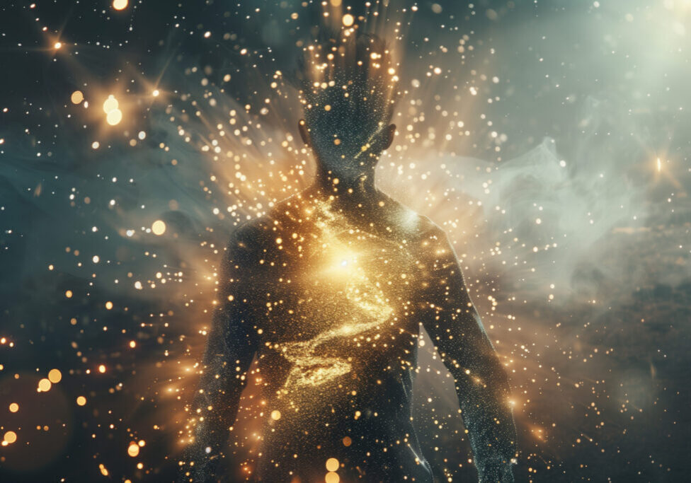 Shoot a series of images showing a human figure gradually transforming into light particles, symbolizing the transcendence from the physical to the spiritual state.