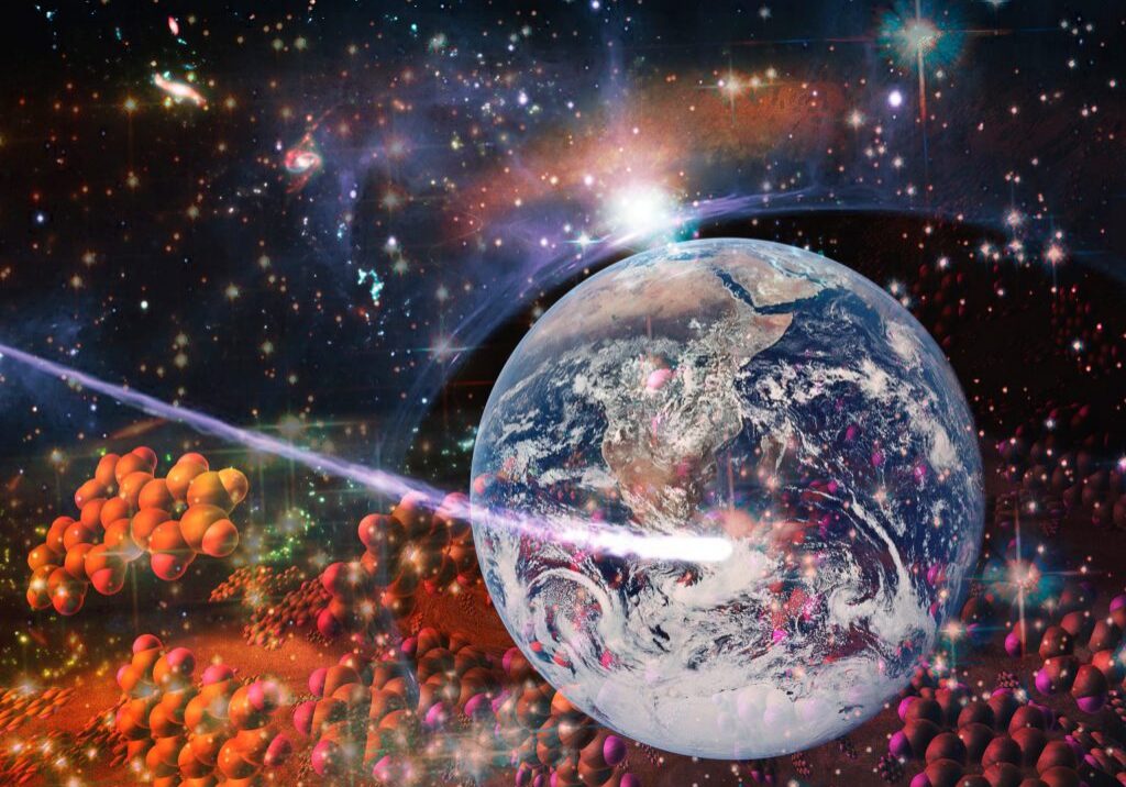 Particles of DNA strands flying through space to Earth. Concept of the origin of life. Elements of this image furnished by NASA.