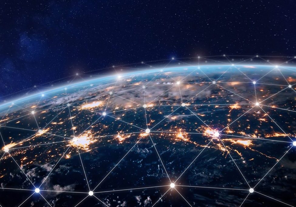 Global world telecommunication network with nodes connected around earth, concept about internet and worldwide communication technology, image from space furnished by NASA