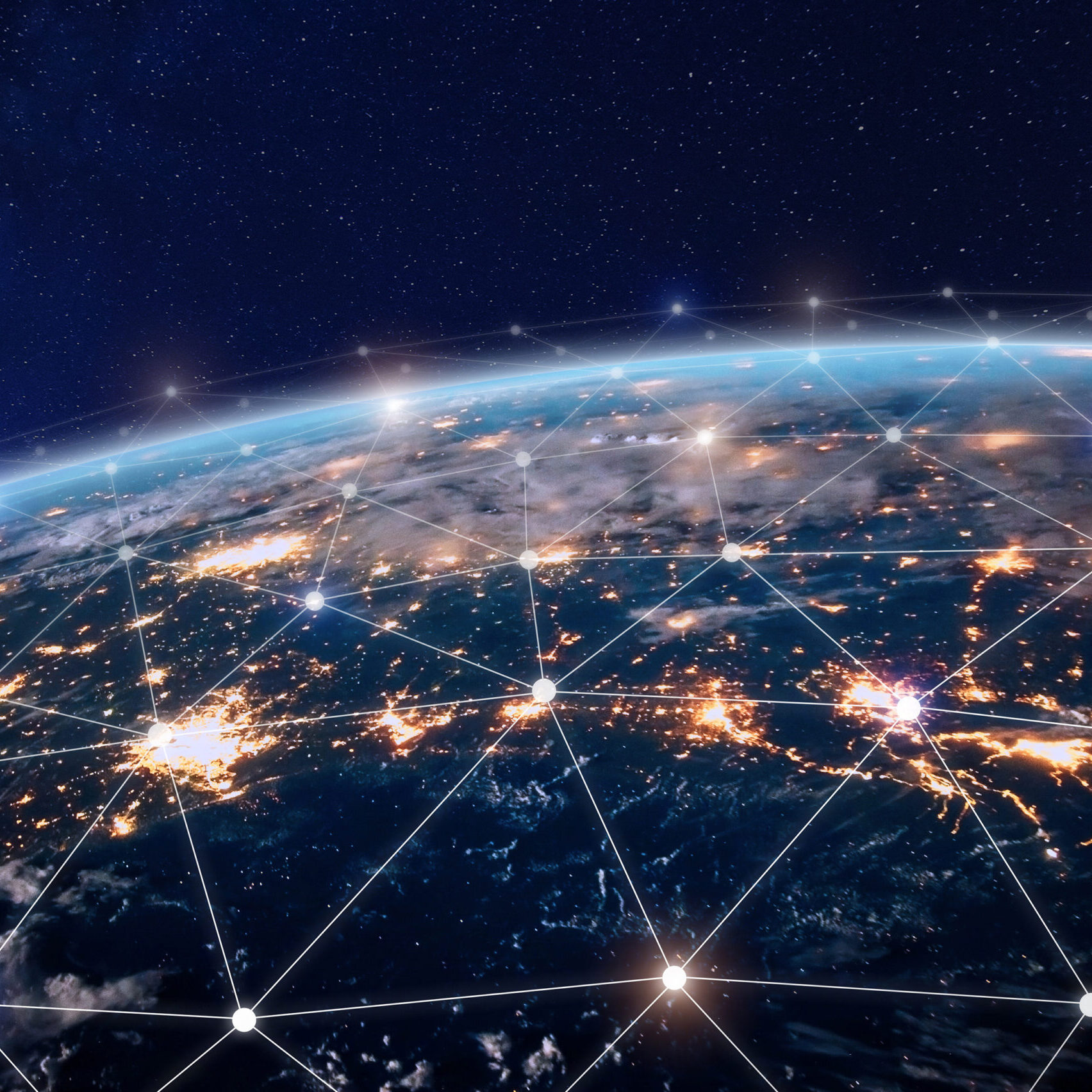 Global world telecommunication network with nodes connected around earth, concept about internet and worldwide communication technology, image from space furnished by NASA