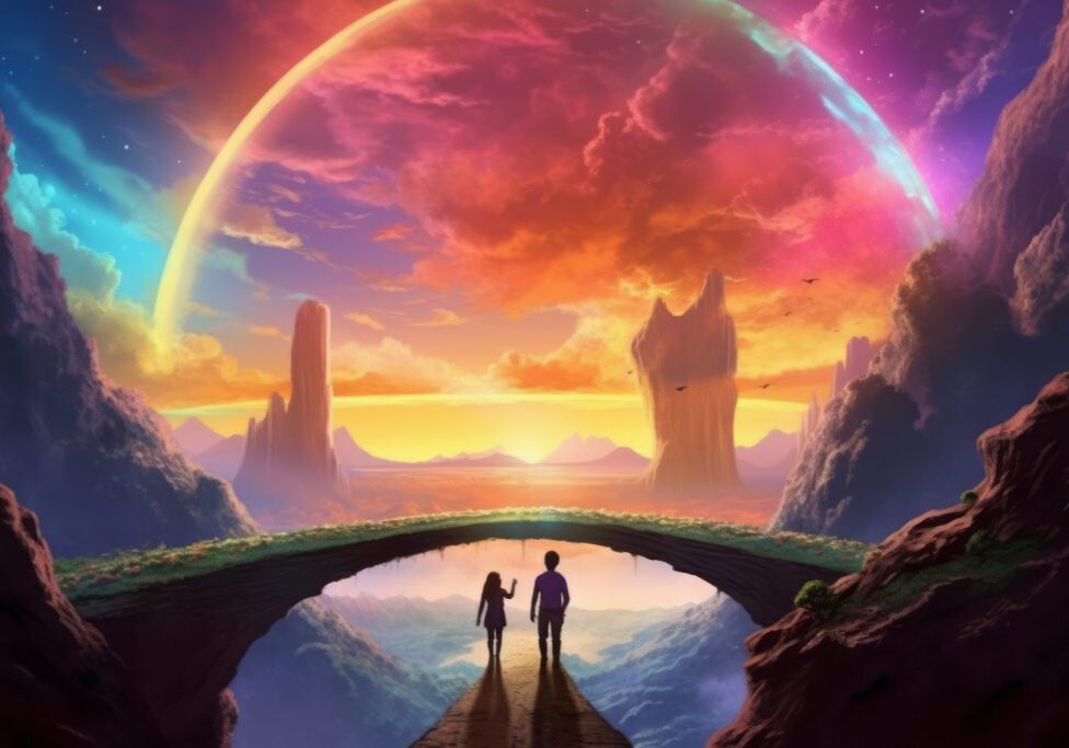 Couple walking on a surreal rainbow bridge, with vibrant colors radiating from their footsteps, symbolizing the journey of love and the shared adventures that await. Generative Ai