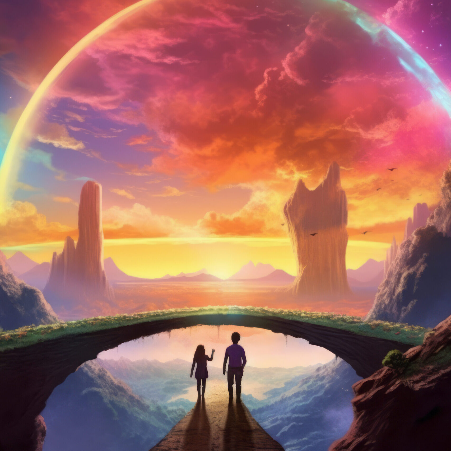 Couple walking on a surreal rainbow bridge, with vibrant colors radiating from their footsteps, symbolizing the journey of love and the shared adventures that await. Generative Ai