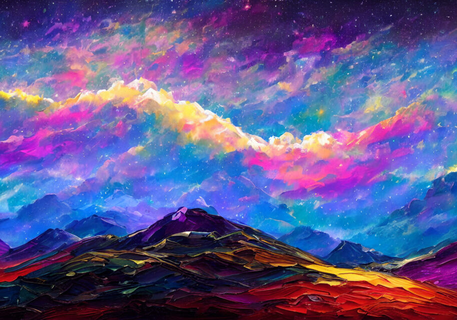 In the Dreamy psychedelic space landscape, there is a field of stars that goes on forever. In the middle of this landscape is a brightly colored nebula. This nebula has many colors including blue, pur