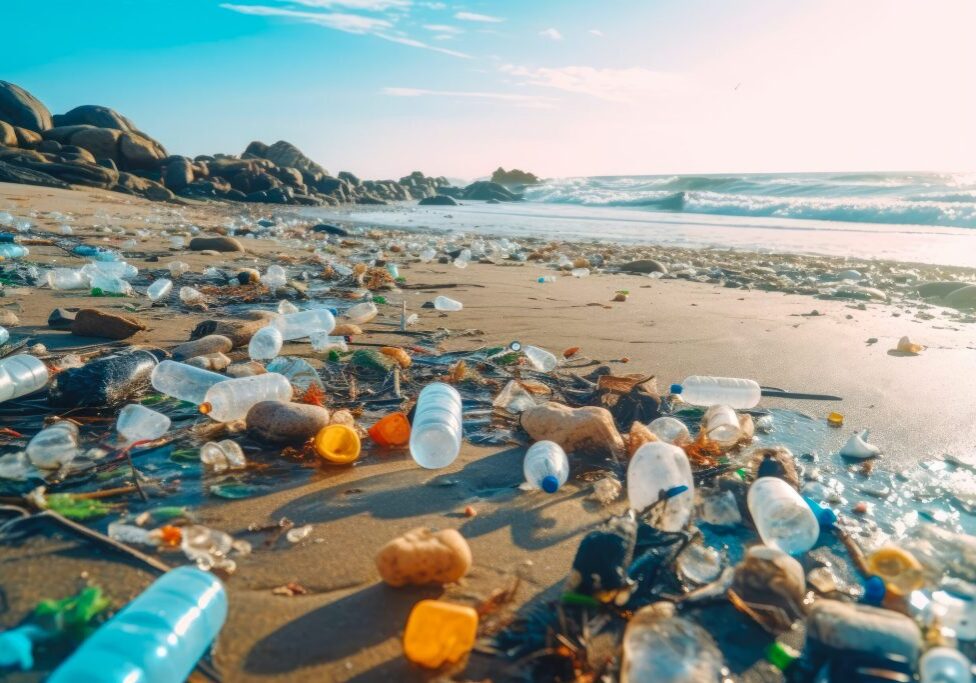 Plastic bottles and waste washed up on a beach. Micro plastic sea pollution. Generative AI
