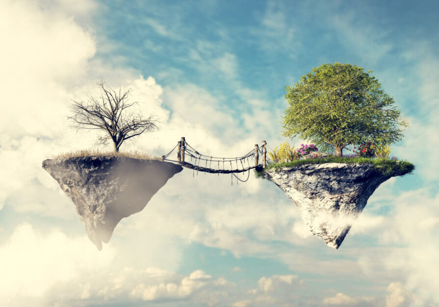 Bridge connecting desolate land and green positive floating island. Step to new opportunity from depression concept