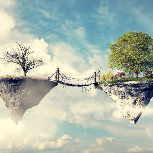 Bridge connecting desolate land and green positive floating island. Step to new opportunity from depression concept